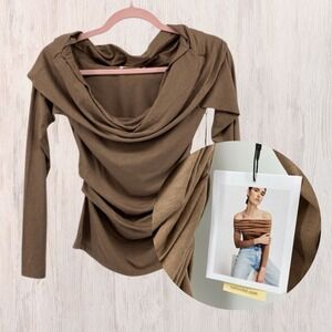 New Women Nation LTD Drape Cowl Neck S Top Brown Pima Cotton Minimalist Basic